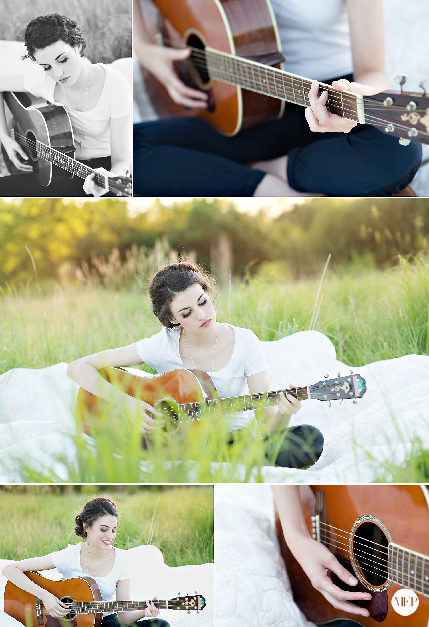 Senior pictures with guitar in field