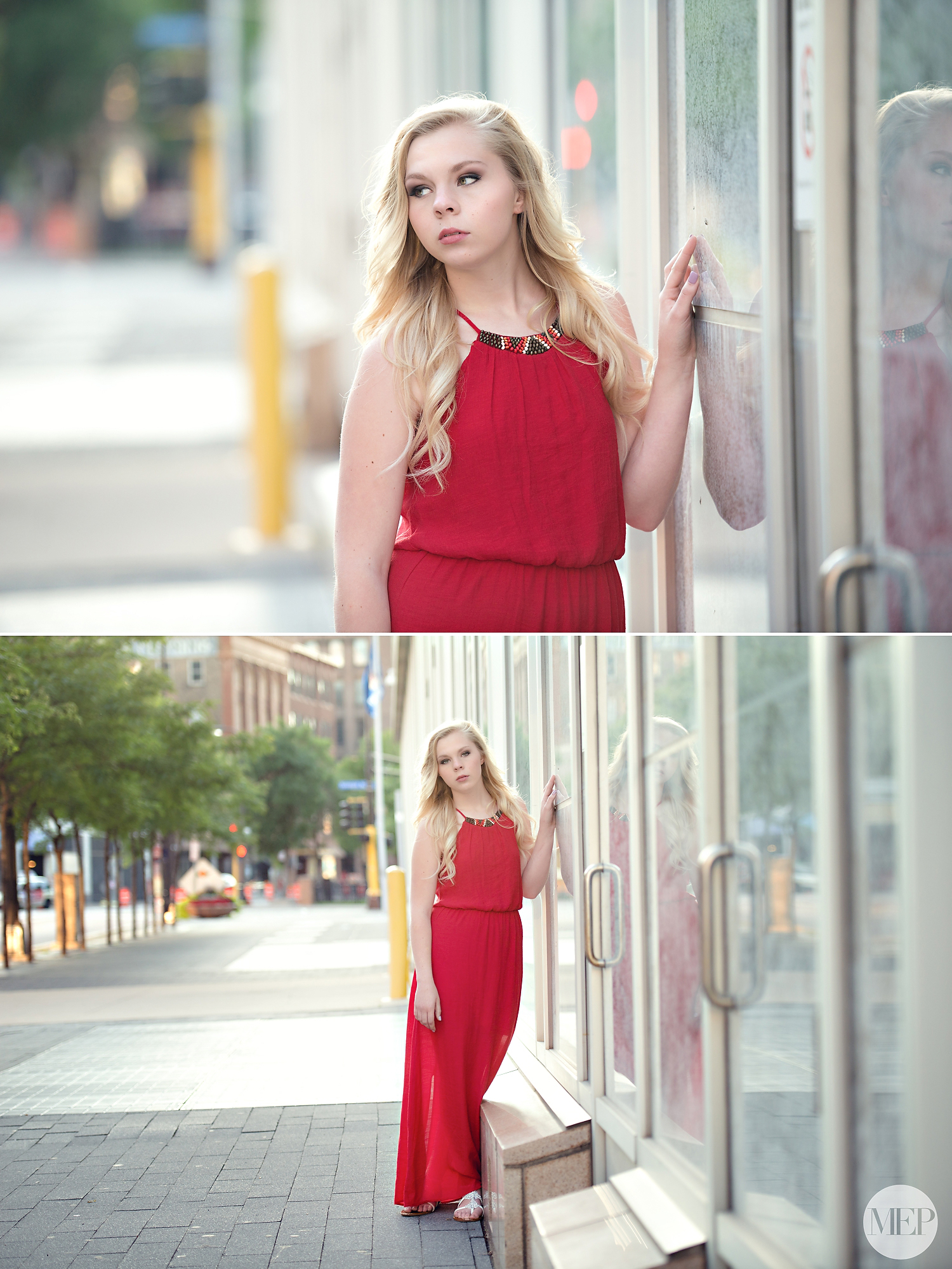 Downtown Senior pictures with red dress Minneapolis