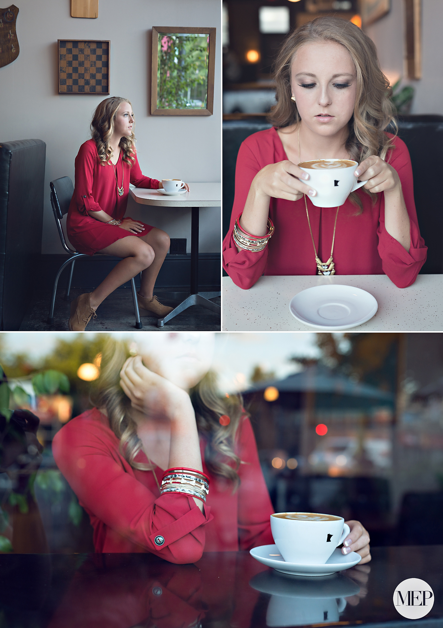 Senior picture photographer in cafe - coffee shop - fashion