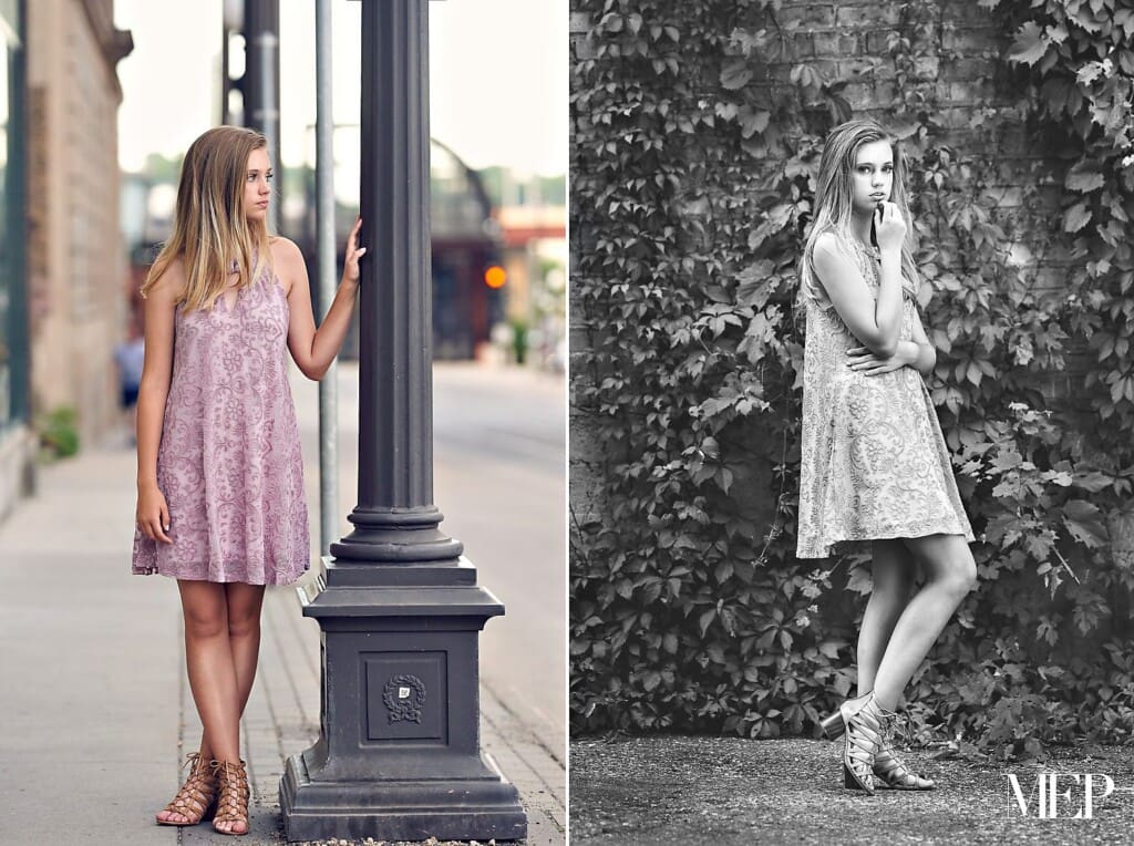 Senior portrait session in downtown Minneapolis with urban street styling and confident editorial posing
