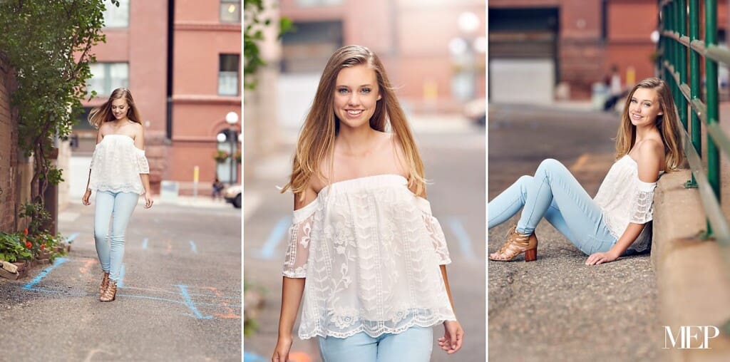 rban senior picture session in Minneapolis with three images showing editorial city styling and relaxed confident poses