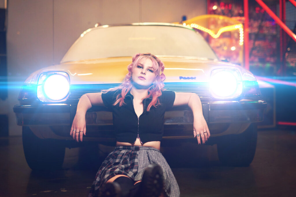 Edgy High School Senior Portrait Session With Vintage Car and Neon Lights 32